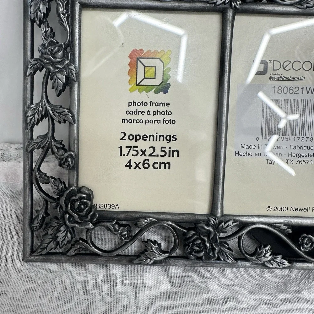 Double Ornate Picture Frame Metal Antiqued Silver Rose Floral Tabletop 1.75x2.5